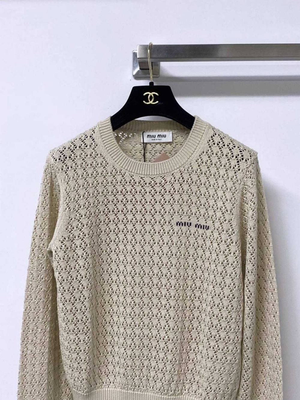 Miu Miu Cream Crochet Hollow Knit Round Neck Designer Sweater - Picture 2 of 5